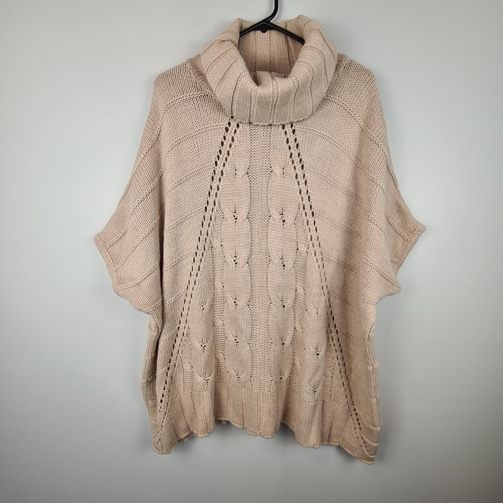 Neely Poncho Sweater Cowl Neck Cozy Draped‎ Small Oversized Beige Short Sleeve